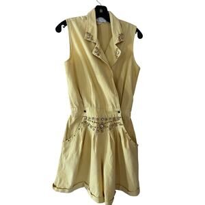 Vintage Caché Studded Denim Romper Rhinestone Embellished Yellow 90s Boho